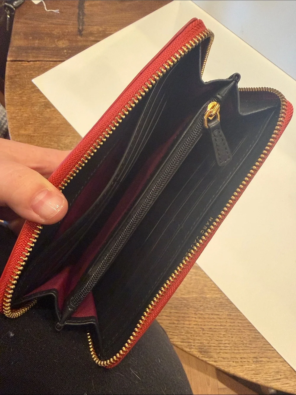 Marc Jacobs Red Saffiano Zip Wallet with Gold Hardware